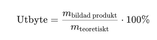 Förhållandet mellan det faktiska och det teoretiska utbytet, beräknat som: faktisk massa / teoretisk massa · 100 %.