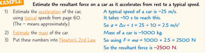 <ol><li><p>estimate acceleration of car using typical speeds  </p></li><li><p>estimate the mass of car</p></li><li><p>put these numbers into Newton’s 2nd law</p></li></ol>