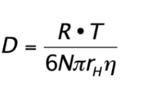 <p>D= ( R * T) / (6 * N * pi * r *n)</p><p>R= gas constant</p><p>N= avogadro number</p><p>r= radius</p><p>n= viscosity</p>