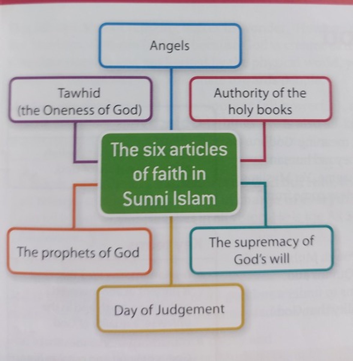 <p>1. allah-creator and being before space and time</p><p>2. prophets of god- god sent prophets in humanity at diff times and places to communicate his message. 25 in qur'an but believe theres more</p><p>3. angels of god-"mala'ika"- assists and helps to worship allah and carry out his commands. several angels mentioned in qur'an</p><p>4. the qur'an- highest authority, "recitations", errorless record of revelations from allah</p><p>5. day of judgement- continued existence of soul after death, ressurection and judgement according to lifes actions. heaven and hell have depths</p><p>6. supremacy of gods will: free will, allah not only knows but preorders all that comes to pass in world and living of individuals</p>