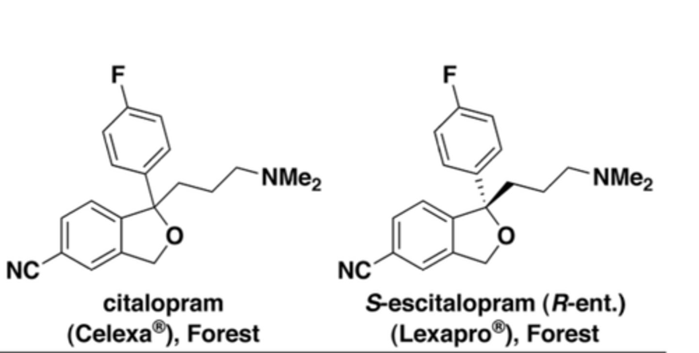 <p>Citalopram = racemic</p><p>Escitalopram = S-enantiomer (more selective)</p>