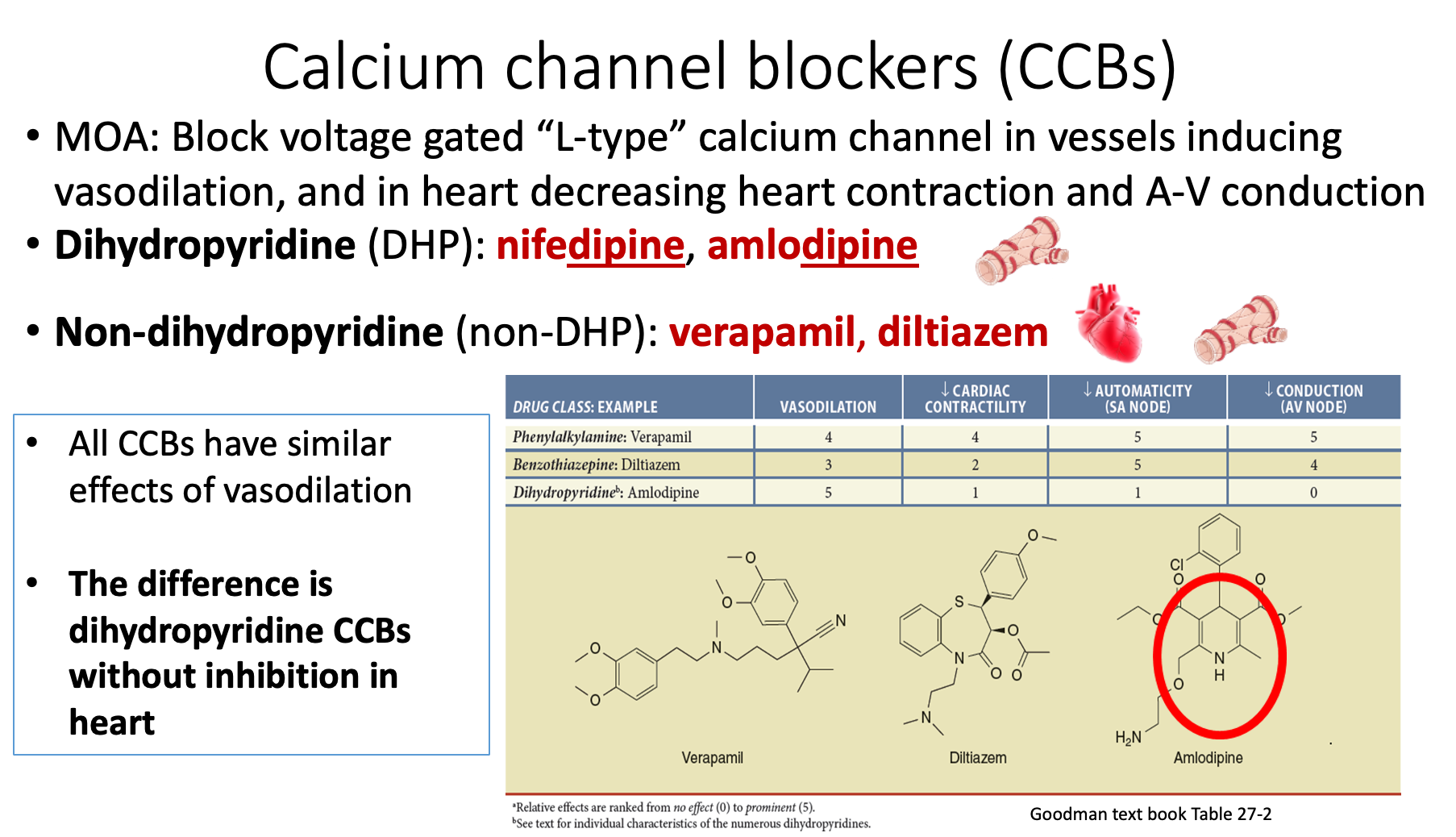 <p>MOA: Block voltage gated “L-type” calcium channel in vessels inducing vasodilation, and in heart decreasing heart contraction and A-V conduction</p><p>Dihydropyridine (DHP): nifedipine, amlodipine </p><p>Non-dihydropyridine (non-DHP): verapamil, diltiazem</p><p></p>