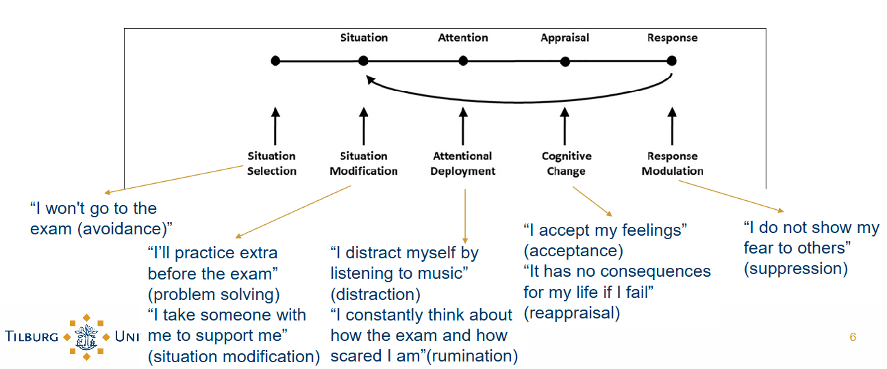 <p>Emotion regulation can be applied at different moments:</p><ol><li><p>Situation selection</p><ul><li><p>avoidance</p></li></ul></li><li><p>Situation modification</p><ul><li><p>problem solving</p></li><li><p>situation modification</p></li></ul></li><li><p>Attentional deployment</p><ul><li><p>distraction</p></li><li><p>rumination</p></li></ul></li><li><p>Cognitive change</p><ul><li><p>acceptance</p></li><li><p>reappraisal</p></li></ul></li><li><p>Response modulation</p><ul><li><p>suppression</p></li></ul></li></ol><p></p>
