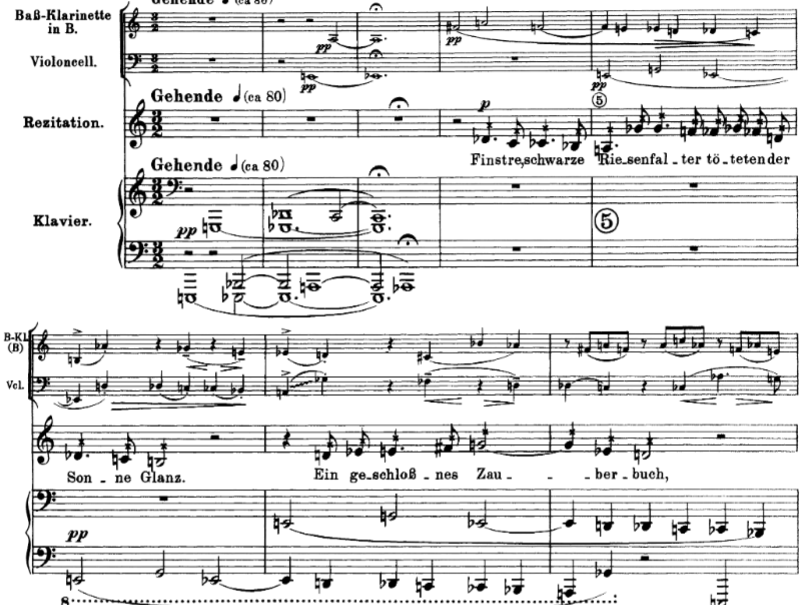 <ul><li><p>Text about night and the unsettling feeling of the darkness</p></li><li><p>Stops thinking about notes in relation to a key but starts thinking about the intervalic relationship between notes.</p></li><li><p>Relationship between notes of M and m 3rds</p></li><li><p>Three note motive that is set and repeated in various forms throughout the piece: grundgestalt.&nbsp;</p></li><li><p>Free notes, empancipating the dissonance</p></li><li><p>Form of passacaglia, comes from Spanish&nbsp;“pasar” to go by, gives the sense of movement an unstable walk</p></li></ul><p></p>