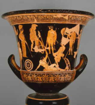 <p>460-450 BCE. Early Classical, Athenian. Figures are not arranged in horizontal registers but are instead dispersed throughout the background. Faces are also depicted in a ¾ view which was uncommon. Depicts the slaughter of Niobe’s children by Artemis and Apollo. Terracotta. </p>