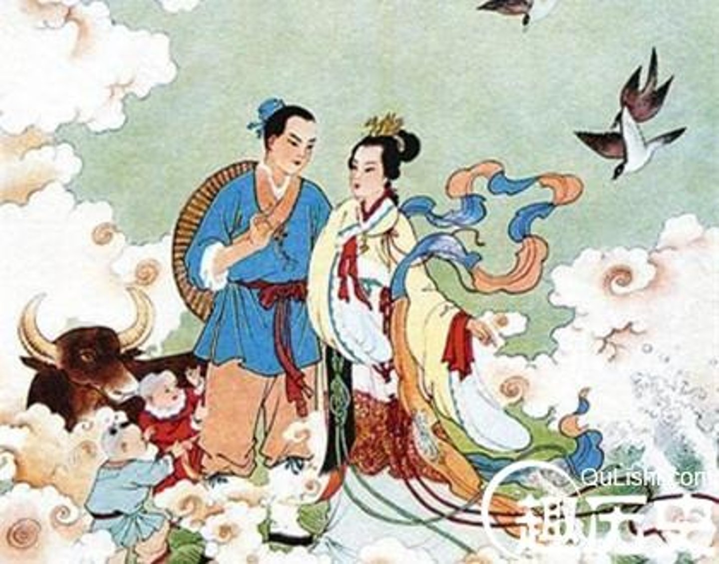 <p>niúlángzhīnǚ the Cowherd and the Weaving-maid; lovers forced to live apart</p>