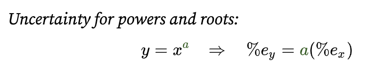 relative uncertainty in y (%ey) is *a* × the relative uncertainty in x (%ex) 