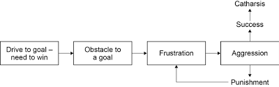 <h3><span class="heading-content"><mark data-color="red">Dollard et al. (1939)</mark></span></h3><ol><li><p>We attempt to achieve something and have a goal</p></li><li><p>Our efforts to reach a goal are <strong>blocked</strong> leading to frustration</p></li><li><p>This creates an aggressive drive which can lead to aggression</p></li><li><p>If we express trhis anger physically, verbally or by fantasizing, we experience <strong>catharsis</strong></p><p>↳ <em>This reduces our emotional tension</em></p></li><li><p>If the target of aggression is unavailable, we could <strong>displace</strong> our emotions leading to <strong>punishment</strong></p></li><li><p>This then leads to further frustration</p></li></ol>