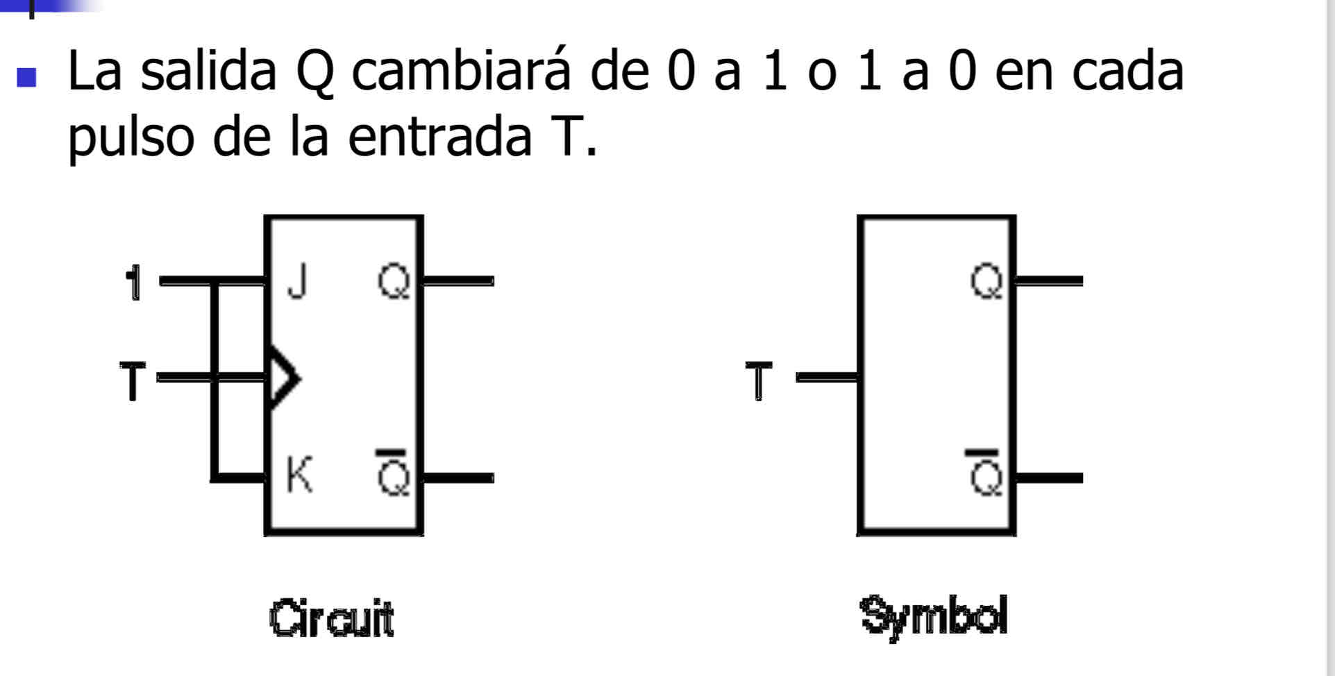 <p>La salida Q cambia de 0 a 1 (o de 1 a 0) en c/pulso de entrada T. Es decir, la entrada T actua como interruptor de inversión.</p><p><span style="color: rgb(209, 213, 219)">es útil en situaciones donde se desea implementar una secuencia de cambio de estado con cada pulso de reloj, como en contadores y otros circuitos secuenciales. Su diseño simple y su capacidad para cambiar entre 0 y 1 en cada pulso de reloj lo hacen versátil en aplicaciones digitales.</span></p>