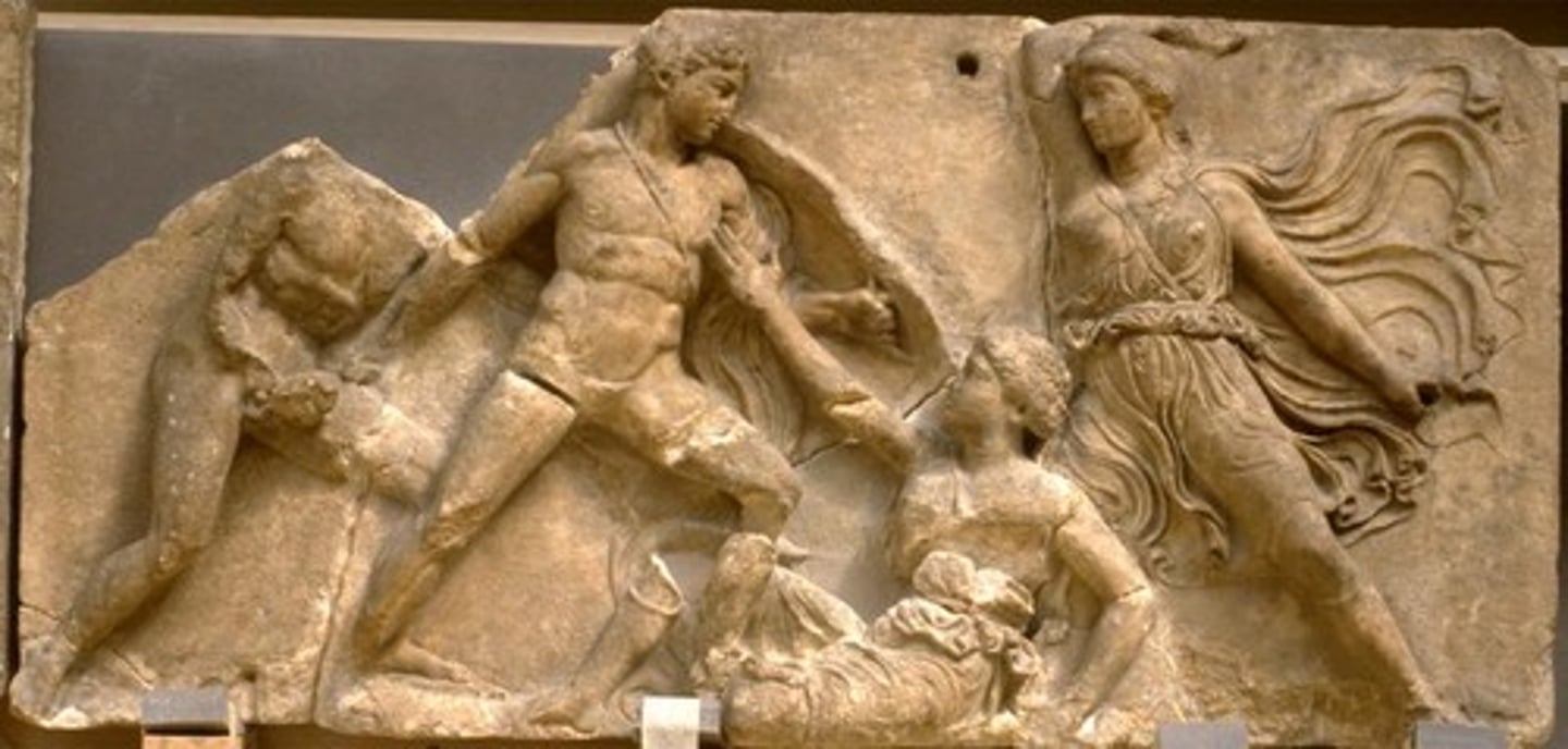 <p>date: 420400 BC</p><p>material: marble</p><p>narrative: amazonomachy and centauromachy</p><p>significance: internal architectural frieze showing the amazonomachy and centauromachy</p>