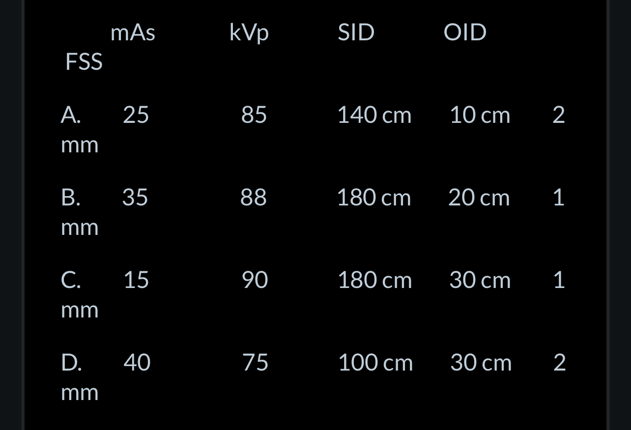 <p>Which of the following sets of technical factors will produce a radiograph showing the greatest magnification?</p>