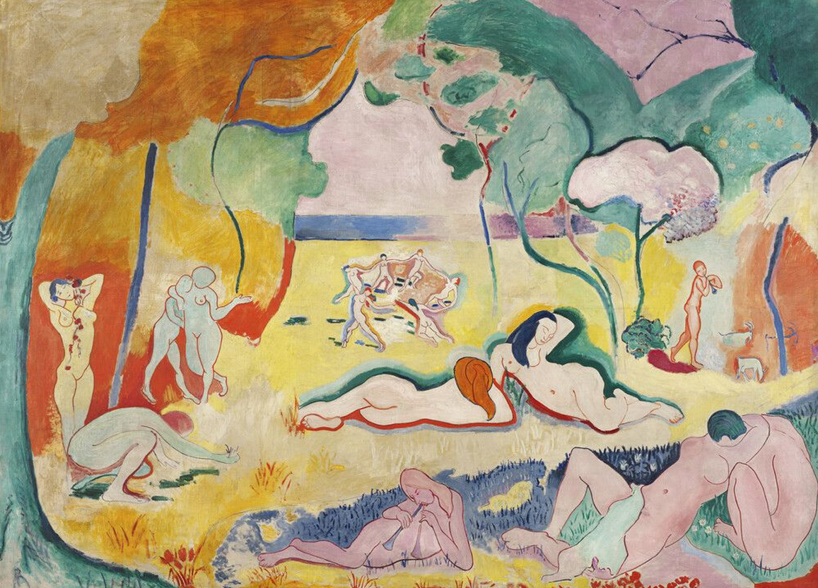 <p>This is a fauve painting where the colors are breaking free from the lines. It shows nude figures relaxing in a forest. Plus the nude figures in the forest don’t have depth on their bodies and this forest doesn’t look like a forest due to the strange colors used to show it.</p>