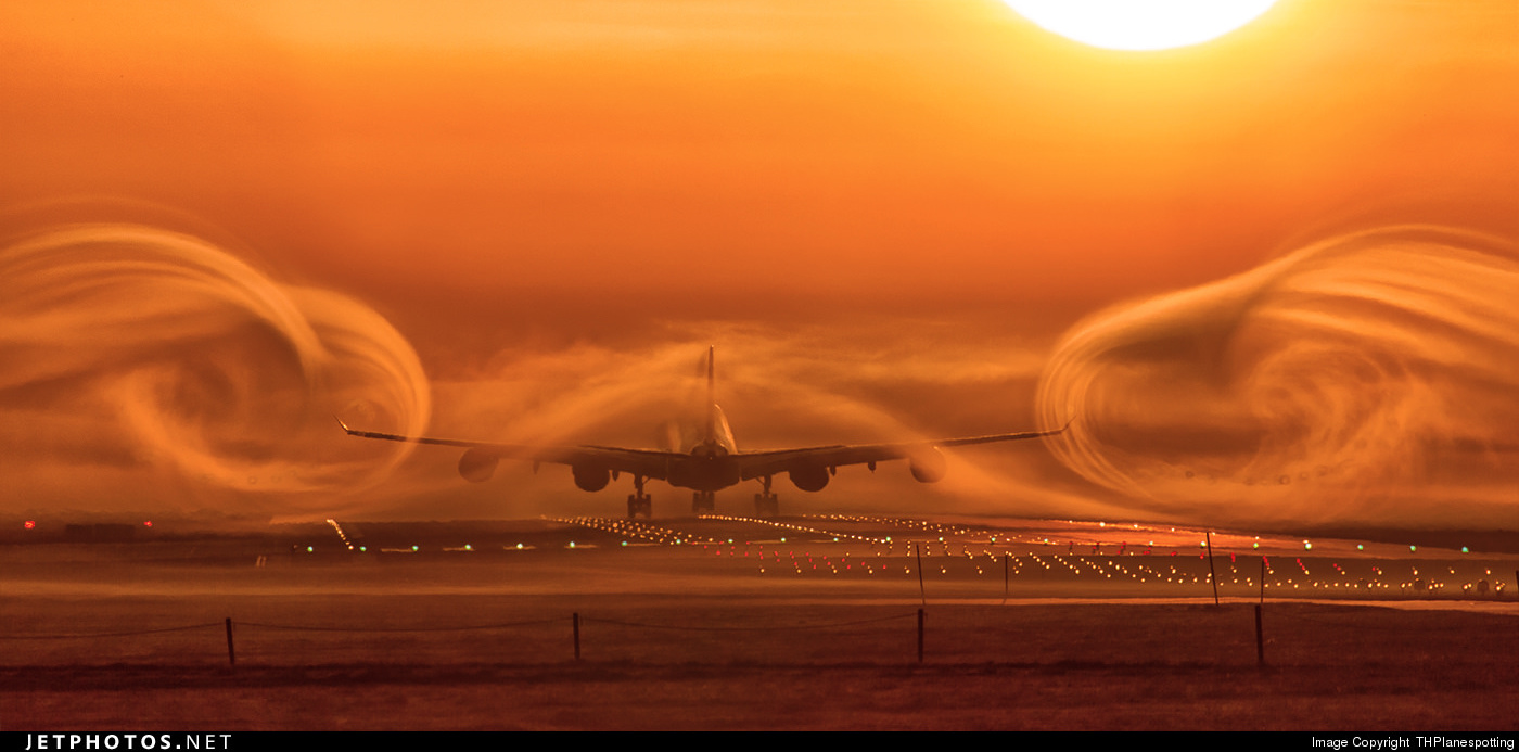 <p>Turbulence created behind an aircraft as it passes through the air caused by rotating air masses from the wingtips which can affect following aircraft</p>