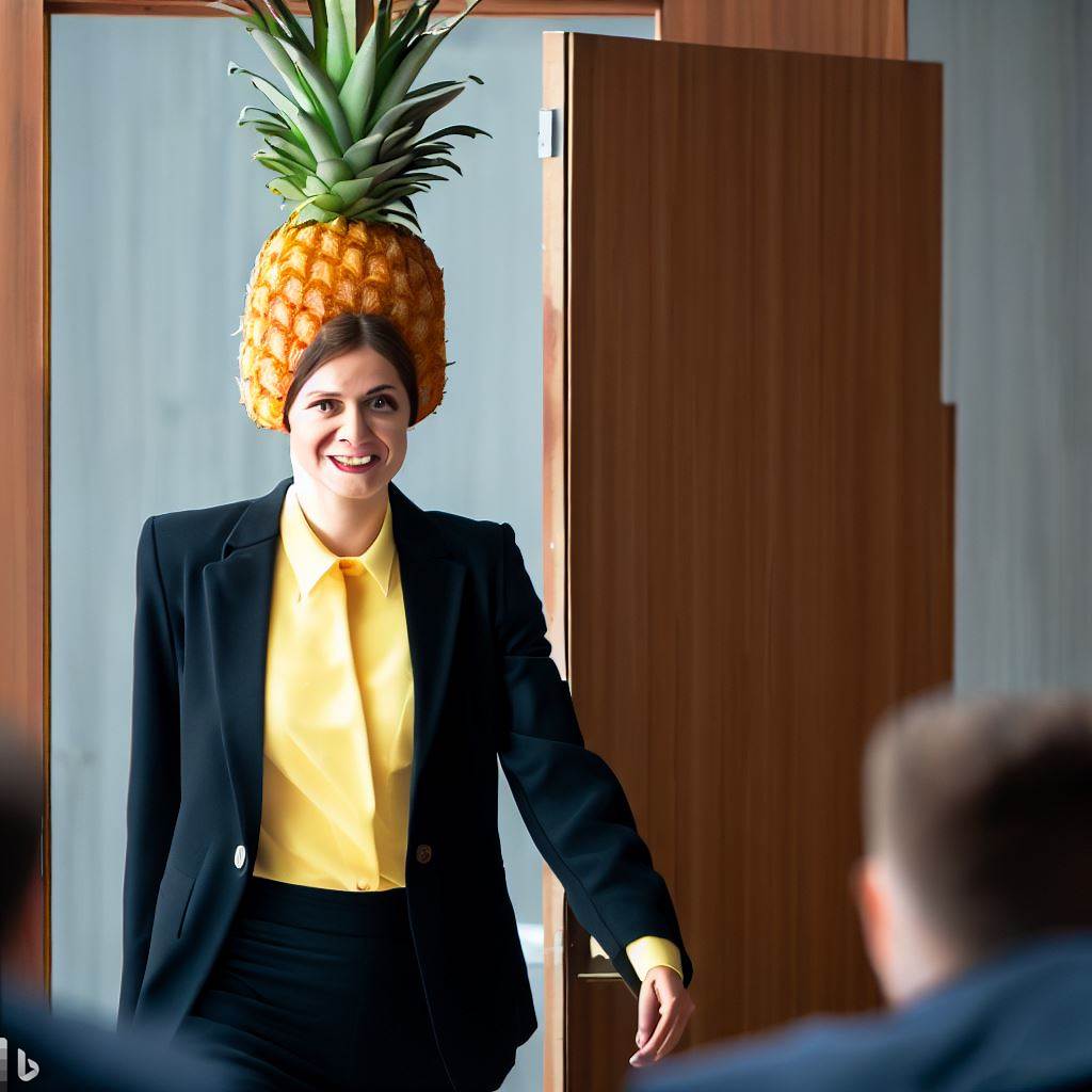 <p>彼女は頭にパイナップルをのせて部屋を歩き回りました。</p><p>She walked _____ the room with a pineapple on her head.</p>