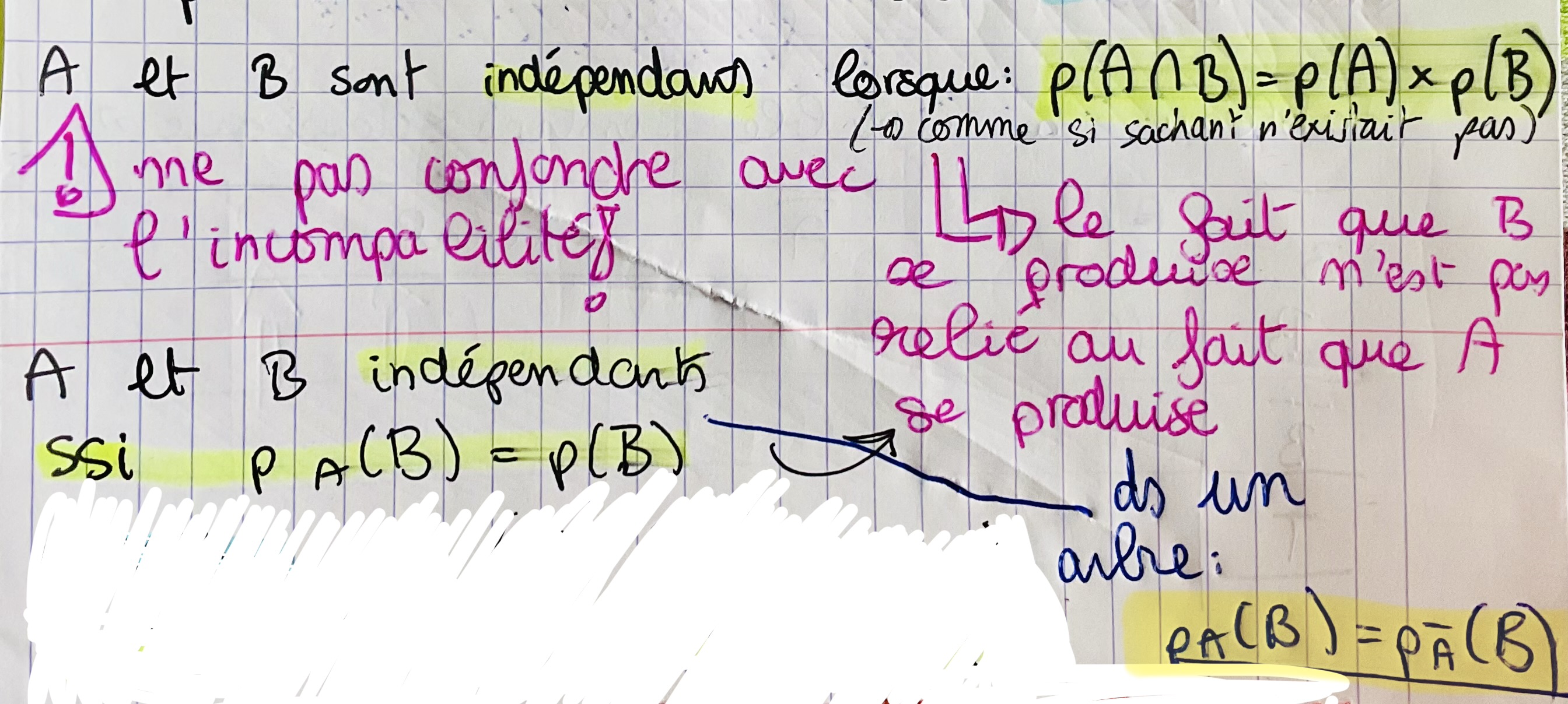 <p>quand A et B indpts, alors A| et B| aussi (à expliciter)</p>