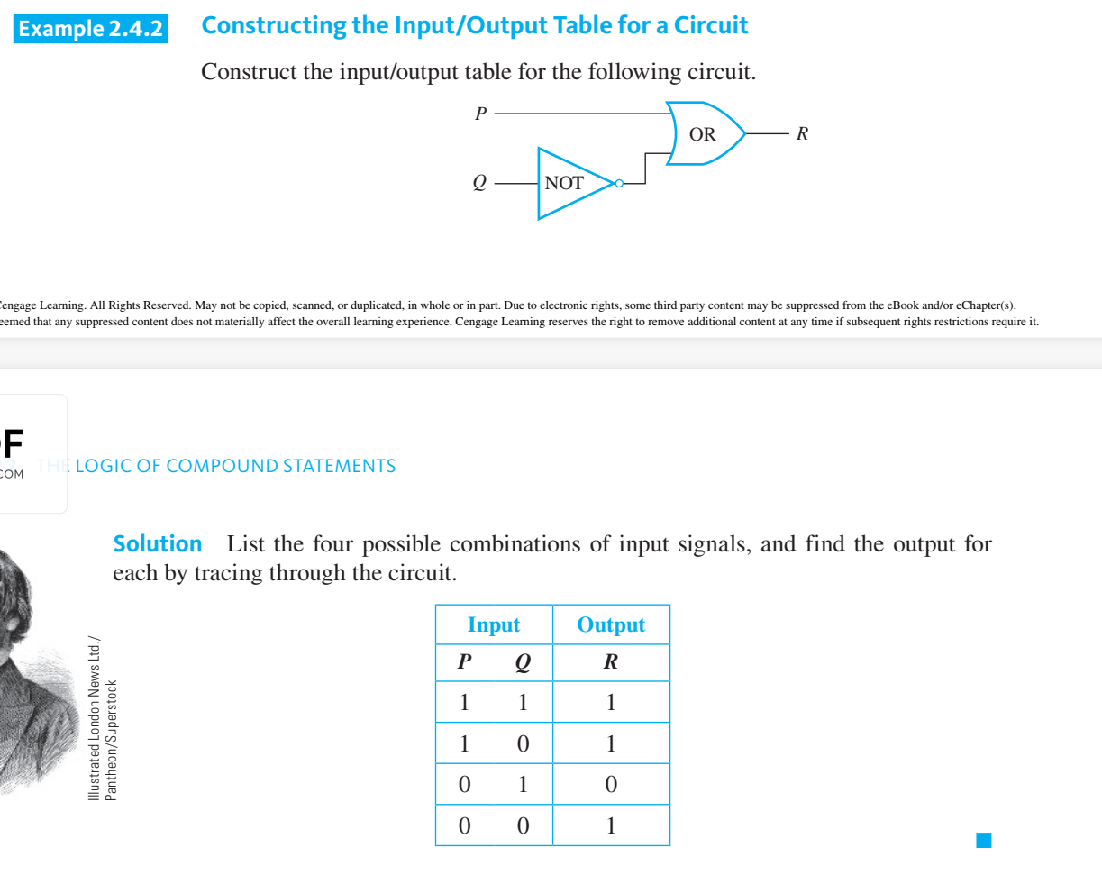 <p>To construct the entire input/output table for a circuit, <mark data-color="blue">trace through the circuit to find the corresponding output signals for each possible combination of input signals.</mark></p>