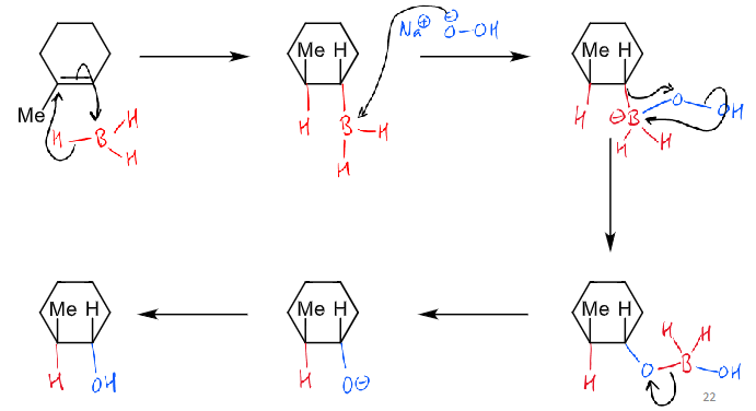 <p>alkyl migration is stereospecific - oxygen stays in same face as boron</p><p>cis addition of boron and hydrogen </p>