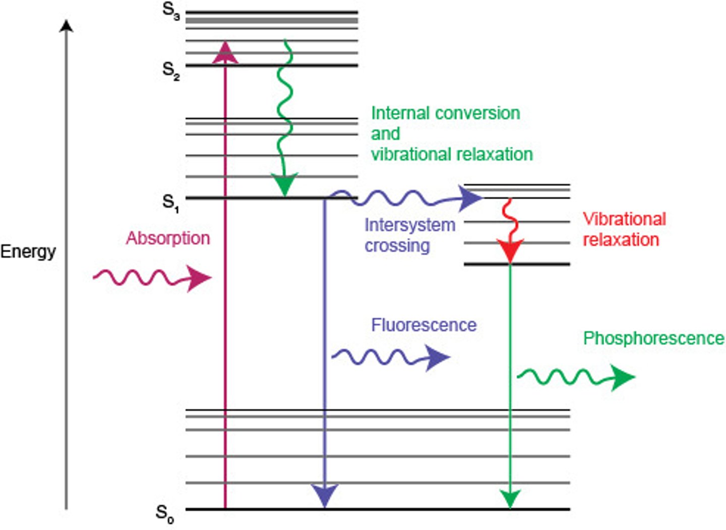 <p>- a very slow form of fluorescence. Atom absorbs photons of high energy and very slowly releases photons of lower energy</p>