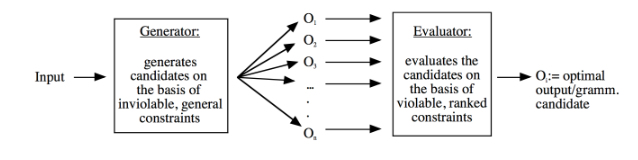 <p>There are some very general principles for which it would not make sense if they were violable. Ex.: in syntax: for instance, general X'-scheme underlying syntactic structure etc.</p><p>→apart from the violable OT constraints, an OT grammar also consists of some very basic principles which are inviolable and make up the rough framework; this part of the OT grammar is called Generator = Gen.</p><p></p>