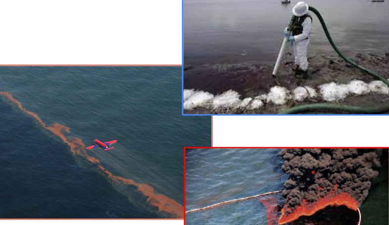 <ul><li><p>vacuuming the oil out</p></li><li><p>dispurting the chemicals</p></li><li><p>burning</p></li><li><p>bioremediation (using biology to create something that would eat/ control the oil spillage)</p></li></ul><p></p>