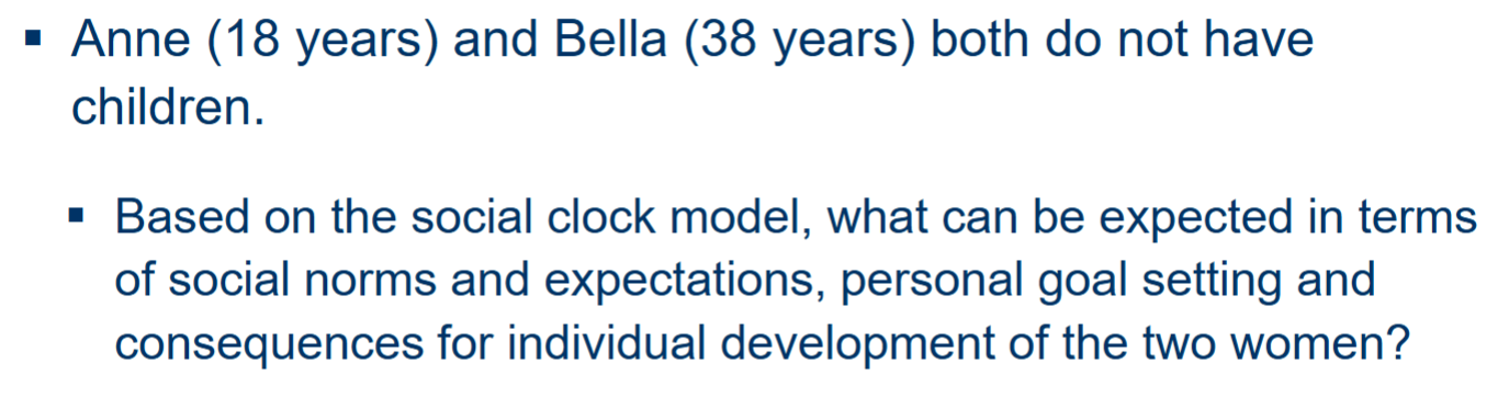 <p>Shared societal expectations in which tasks should be fulfilled in which age.</p><ul><li><p>These expectations create a <strong>normative time schedule</strong> for the life course.</p></li><li><p>Persons compare themselves with others and the normative time schedule (on time vs. off time).</p></li><li><p>Violations of normative time schedule = <strong>social disapproval</strong>.</p></li><li><p>Fit with normative time schedule = <strong>social support</strong>.</p></li></ul><p></p><p>Normative time schedule leads life planning and personal goal setting. </p>