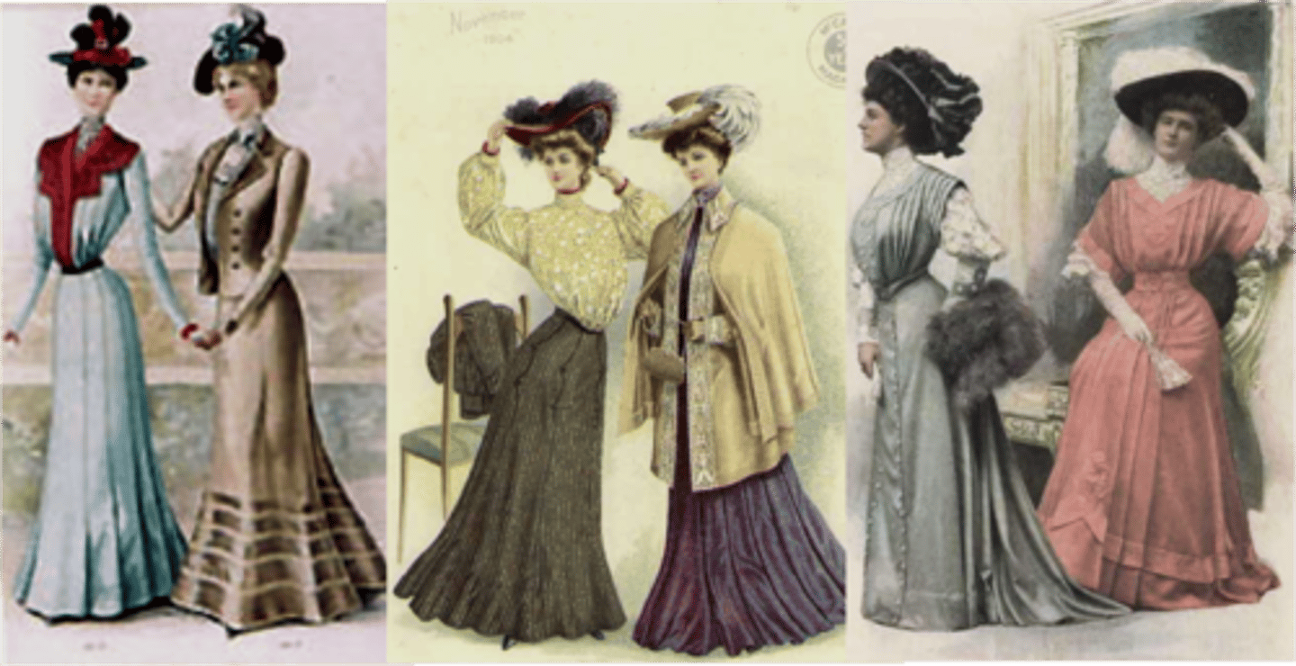 <p>- High lace collars, puffed sleeves, long flowing skirts with a bell or gored shape, and luxurious fabrics like silk and lace</p><p>- Silhouettes loosen</p><p>- Lots of hats</p><p>- Gibson girl (the "new woman")</p><p>- Big hair</p><p>- introduction of separate tops and skirts (can be mismatched)</p>