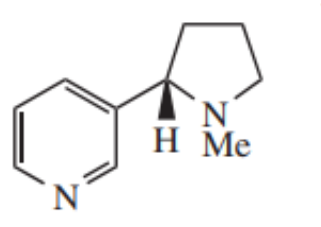 <p>pyridine alkaloid from Nicotiana tabacum (Solanaceae)</p><p>Oily, volatile alkaloid</p><p>Can be used for smoking cessation: nicotinic ACh agonist</p>