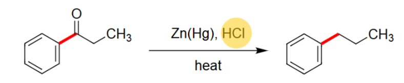 <ul><li><p>Reacts using Zn(Hg) and HCl.</p></li><li><p>Needs heat.</p></li><li><p>Uses acidic conditions.</p></li><li><p>Takes off the =O.</p></li></ul><p></p>