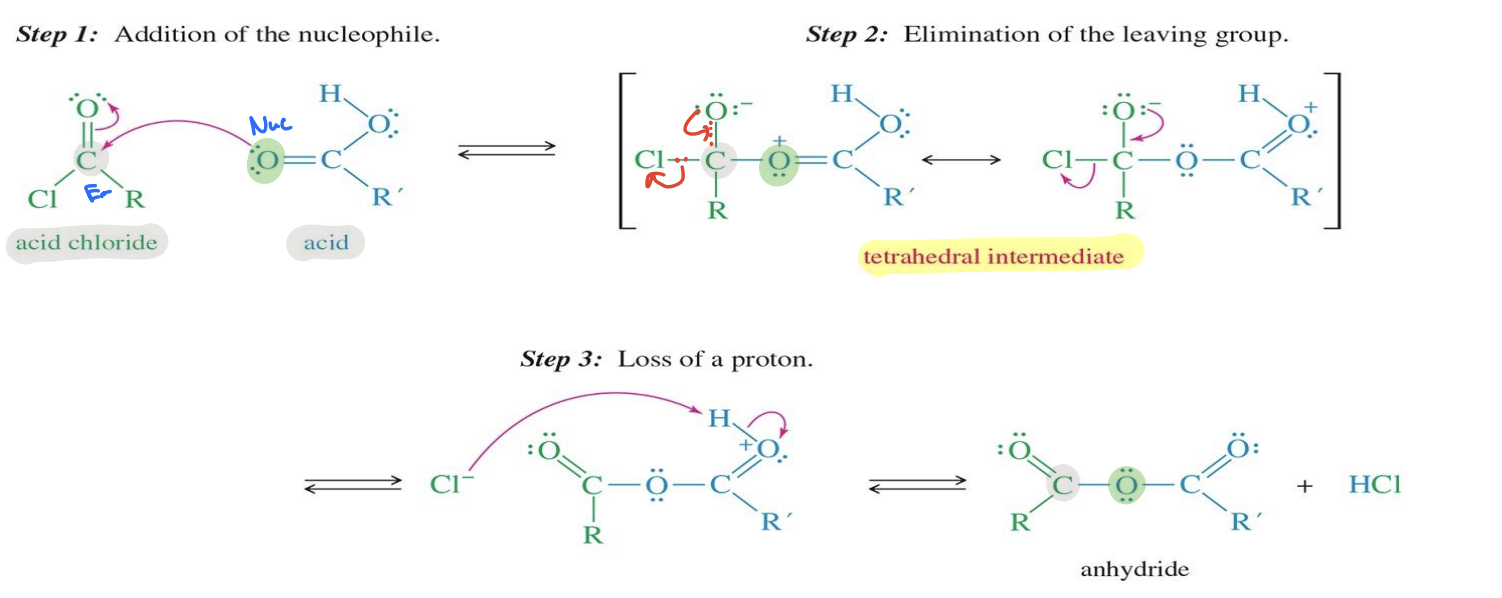 <p>Starting</p><ul><li><p>Acid Chloride ( Cl - C (=O) - R) </p></li></ul><p>Reagent</p><ul><li><p>carboxylic Acid</p></li></ul><p>End product Anhydride ( R - CO - O - CO - R) </p><p>Mechanism</p><ol><li><p>Addition of the reagent :  the Oxygen from the carboxylic attacks to acid chloride → the double bond oxy of the acid chloride becomes a singe bond </p></li></ol><p>A Tetrahedral intermediate forms </p><ol start="2"><li><p>Chloride  (Cl⁻) leaves, restoring the C=O double bond</p></li><li><p>The Cl removes a proton (H⁺) → forms the anhydride product</p></li></ol><img src="https://knowt-user-attachments.s3.amazonaws.com/8ed4ea50-e383-4bdd-a148-185a611a5e57.png" data-width="100%" data-align="center"><p></p>