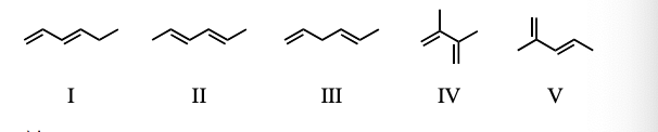 <p>4) Which diene would be the least stable?</p>