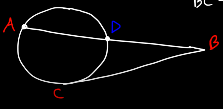 <p>AB = Secant, CB = Tangent</p><p>Angle &lt;B = (AC - DC)/2</p>