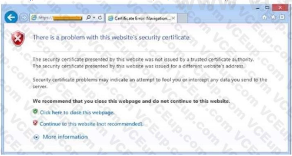 <p></p><p>After clicking on a link in an email a Chief Financial Officer (CFO) received the following error:</p><p>[image]</p><p>The CFO then reported the incident to a technician. The link is purportedly to the organization's bank. Which of the following should the technician perform FIRST? </p><p></p><p>A. Update the browser's CRLs </p><p>B. File a trouble ticket with the bank. </p><p>C. Contact the ISP to report the CFCs concern</p><p>D. Instruct the CFO to exit the browser</p>