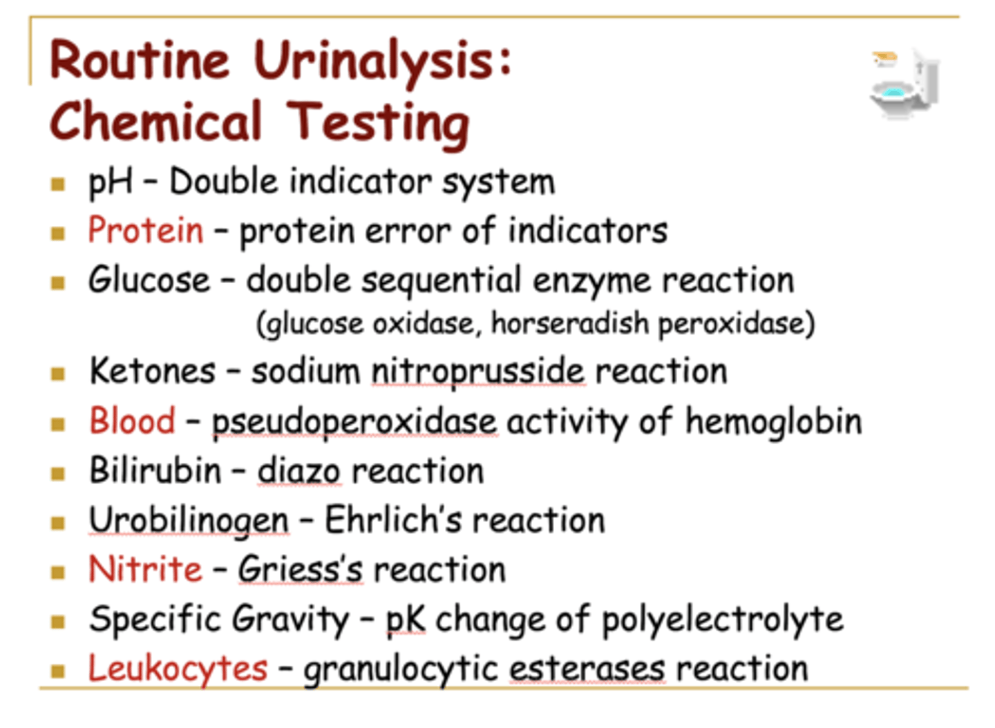 <p>Gross inspection:</p><p>-color</p><p>-turbidity</p><p>Dipstick</p><p>-specific gravity</p><p>-pH</p><p>-glucose</p><p>-heme</p><p>-protein</p><p>-leukocyte esterase</p><p>-nitrites</p><p>-ketones</p><p>-bilirubin/urobilinogen</p><p>Microscopy:</p><p>-WBCs</p><p>-RBCs</p><p>-bacteria</p><p>-crystals</p><p>-casts</p>