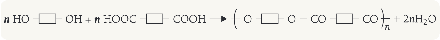 <ul><li><p>Made from the reaction of diols (eg ethanediol) and dicarboxylic acid (e.g ethanedioic acid)</p></li><li><p>Also makes water</p></li><li><p>The general formula is seen on the image</p></li></ul><p></p>