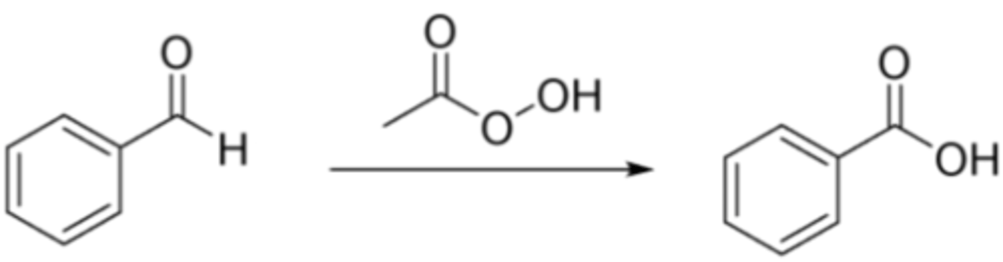 <p>4) Baeyer-Villiger Oxidation</p><p>Aldehyde → Carboxylic Acid</p><p>Reagents: m-CPBA (peroxy acid)</p>