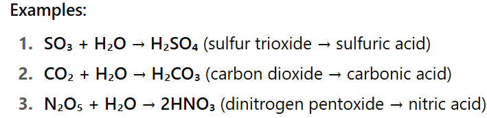 <p>A substance (a non-metal oxide<strong>)</strong> that reacts with water to form an acid.</p><p>E.g. SO<sub>3</sub>, CO<sub>3</sub>, N<sub>2</sub>O<sub>5</sub></p>