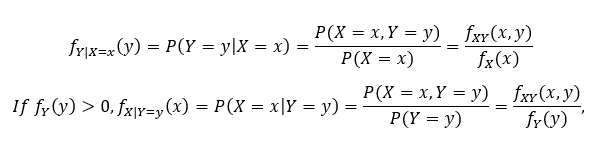 <p>Sometimes an event has happened already, and we want to model what will happen next. When both joint random variables are discrete and have outcomes in the range R and S respectively, and when fx(x) &gt; 0 (aka. we assume X=x has happened/is possible), then the following is true.<br>The properties of PMF apply.</p>