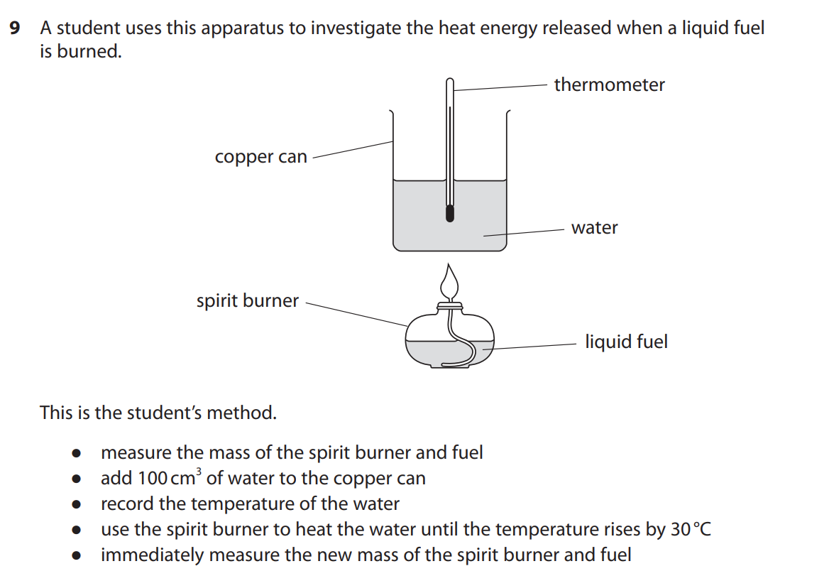 <p>(b) When the fuel is burned, the student notices that a black solid forms on the bottom of the copper can. </p><p>(i) Identify the black solid.(1)</p><p>(ii) Explain why the black solid forms. (2)</p>