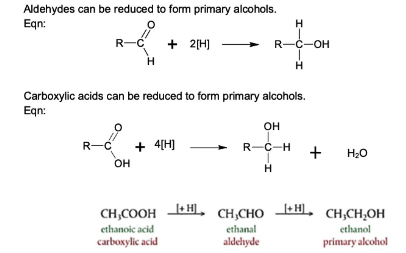 <ul><li><p>carboxylic acid + H → aldehyde</p></li><li><p>aldehyde + H → primary alcohol</p></li><li><p>C-OH bond breaks, -OH lost as water by bonding with H, replaced by C-H bond (forms aldehyde)</p></li><li><p>C=O pi bond breaks, add 2H across (forms primary alcohol)</p></li><li><p>reagents and conditions</p><ul><li><p>LiAH<sub>4</sub> in dry ether, followed by addition of dilute acid</p></li><li><p>CANNOT use NaBH<sub>4</sub> or hydrogen gas because resonance makes carboxylic acid stable</p></li></ul></li></ul><p></p><p></p>