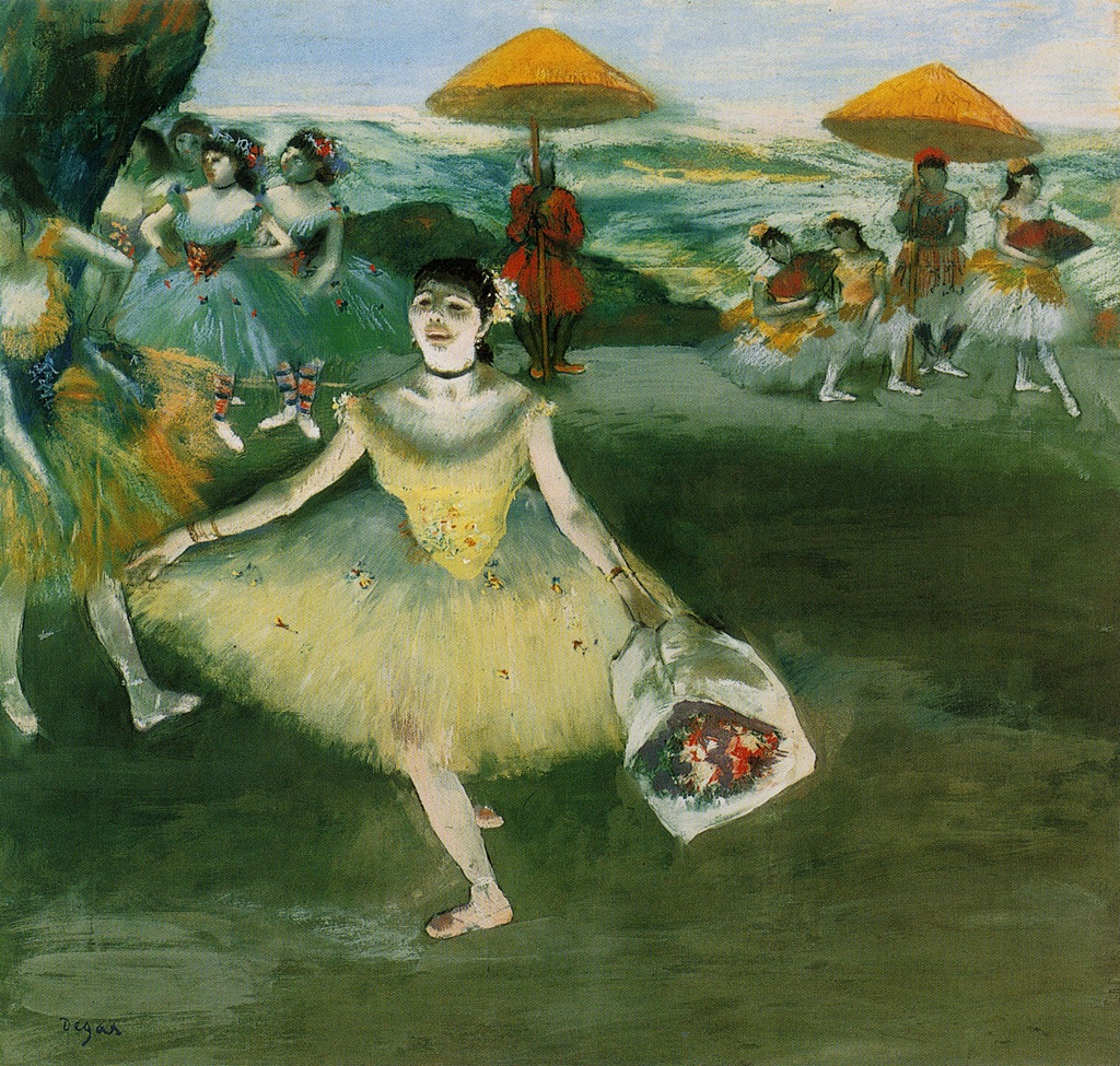 <ul><li><p>Edgar Degas</p></li><li><p>Chalk pastels &amp; gouache</p></li><li><p>The flat orange triangles reflect the influence of</p><p>Japanese prints</p></li></ul>