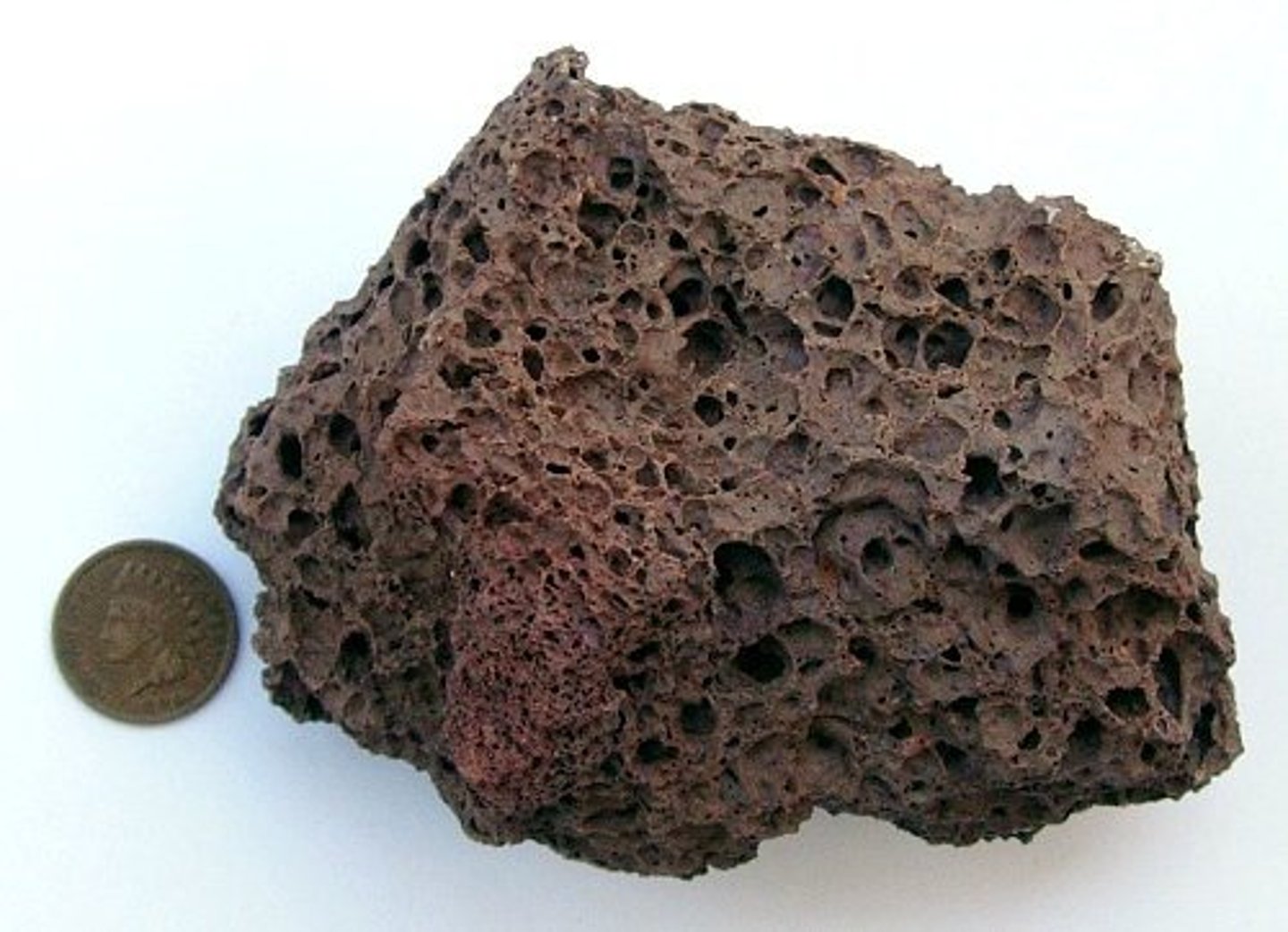 <p>F,I,M,UM: Mafic<br>Texture: Vesicular<br>Mineral composition: basalt<br>Other properties: Has many holes in it; lightweight; reddish color<br>Inferred rock origin: extrusive lava flow; a basaltic (very explosive) volcanic explosion</p>