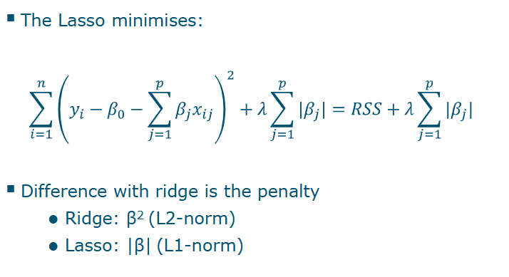 <p>Lasso also shrinks coefficients to zero, but this time they can become zero</p><p>Models have fewer predictors, thus easier to interpret</p><p>Lasso performs variable selectionV</p>