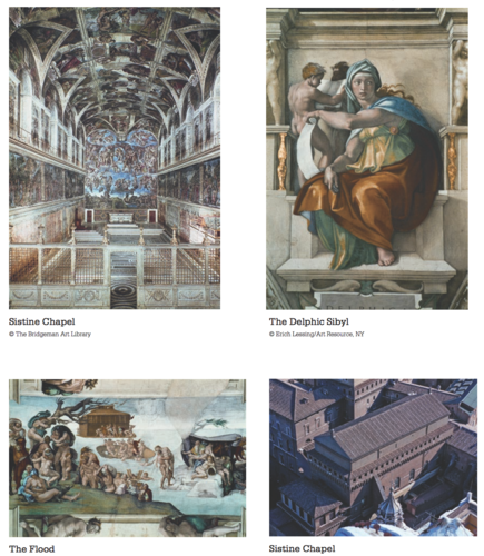 <p>Vatican City, Italy. Michelangelo. Ceiling frescoes: c. 1508-1512 C.E.; altar frescoes: c. 1536-1541 C.E. Fresco.</p>