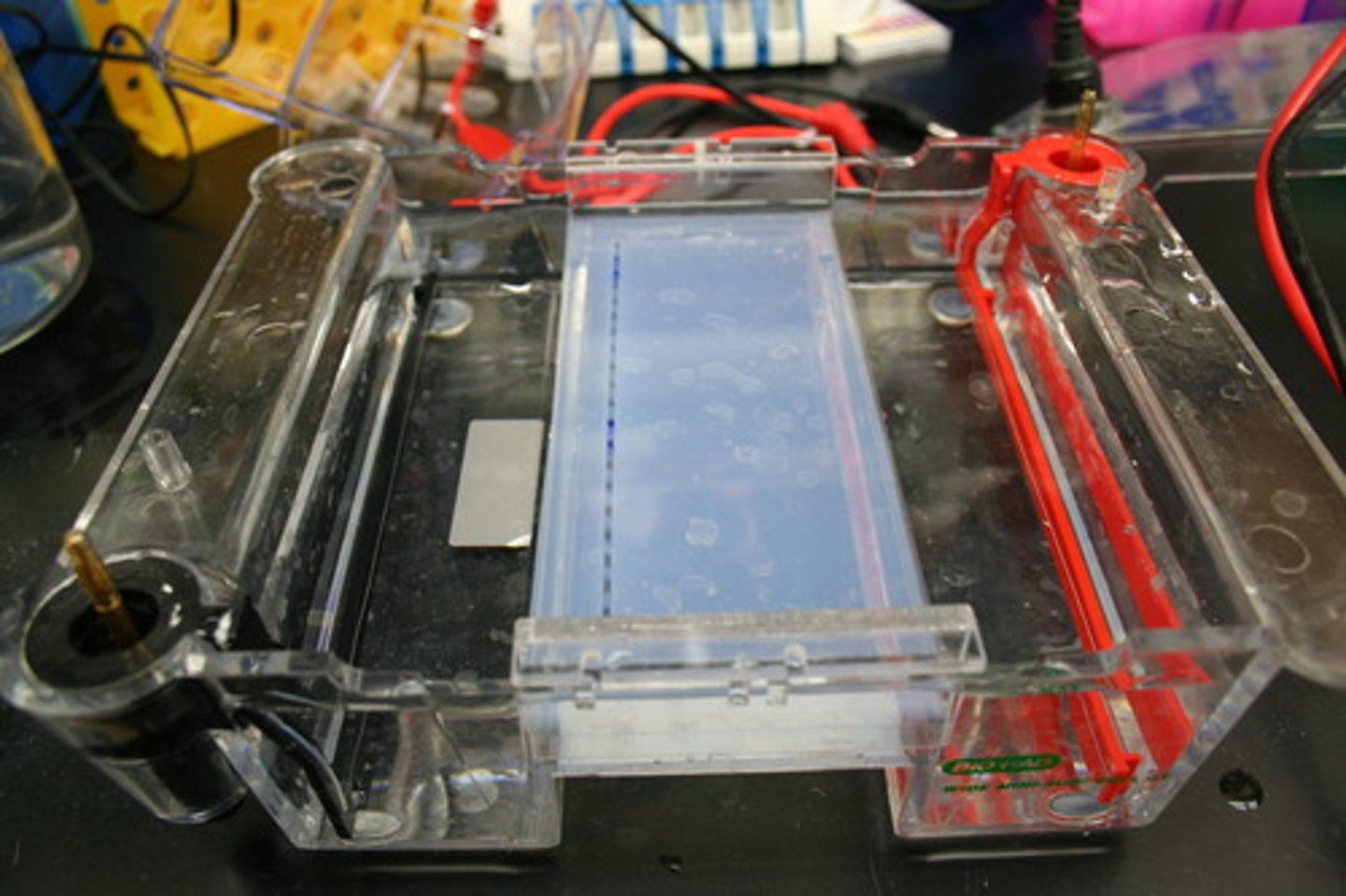 <p>When an electric current is applied, this device allows larger molecules move more slowly through a gel while the smaller molecules move faster.</p>