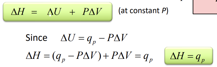 <p>H = U +PV</p><p>at constant P, <u>the change in enthalpy is the heat gained or lost</u></p>