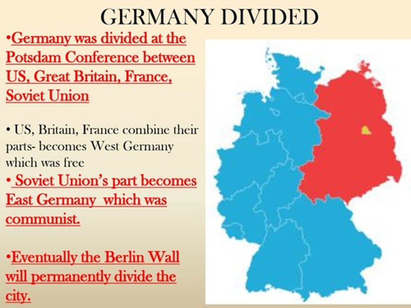<p>What European country was split by the free world and the U.S.S.R.?</p>