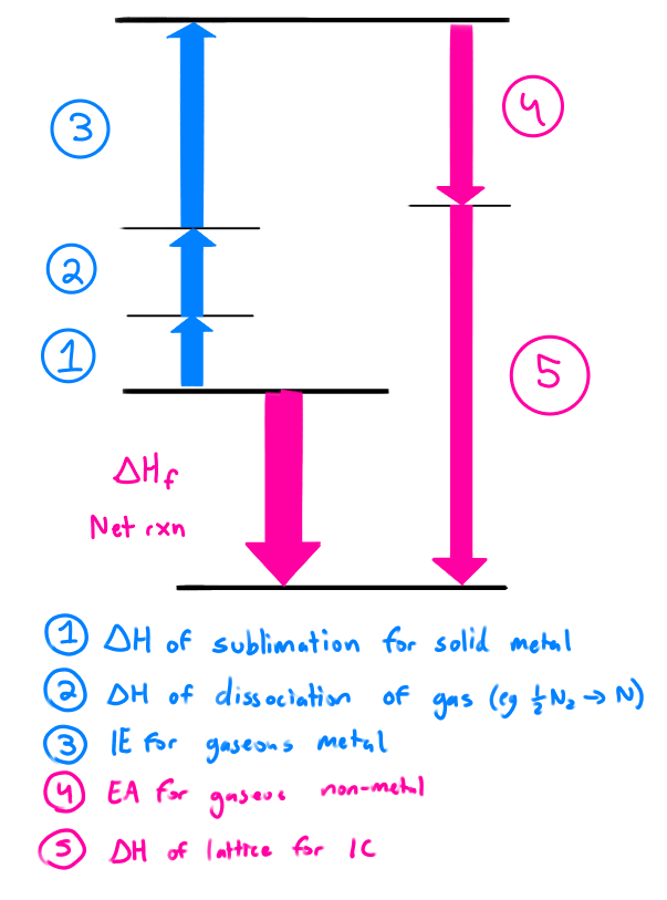 <p>The compilation of the steps in forming a binary ionic compound.</p><p>The change in nrg of ionic bond formation is lattice energy</p><p>Lattice energy can be found by combining all the ΔH in the steps of forming an ionic compound</p><p></p><p>ΔH<sub>f</sub> = ΔH<sub>1</sub> + ΔH<sub>2</sub> + ΔH<sub>3</sub> ….</p><ul><li><p>ΔH<sub>f </sub>= overall change in energy/lattice energy</p></li><li><p>Lattice energy is positive(endo) when the IC is broken</p></li><li><p>Lattice energy is negative(exo) when the IC is formed</p></li></ul><p></p>