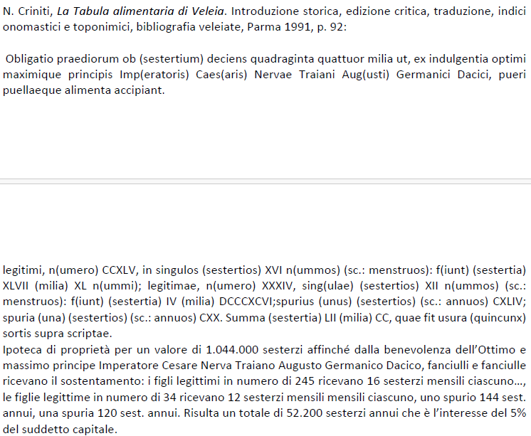 <p>Criniti, La Tabula alimentaria di Veleia</p>