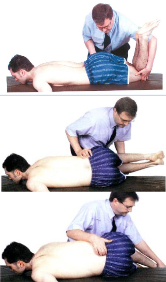 <ul><li><p>side of oblique axis <strong>down</strong> on table (lateral recumbent)</p></li><li><p>hug the table, <strong>down </strong>(rotate to side of oblique axis)</p></li><li><p>localize sacral base (bend knees + flex hips >90)</p></li><li><p>drop pt. leg over table, support w/ your knee <strong>(down)</strong></p><ul><li><p>pt. lift to ceiling</p></li></ul></li></ul><p></p>