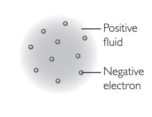 <p>positive fluid, no nucleus, electrons scattered throughout. THOMSON</p>